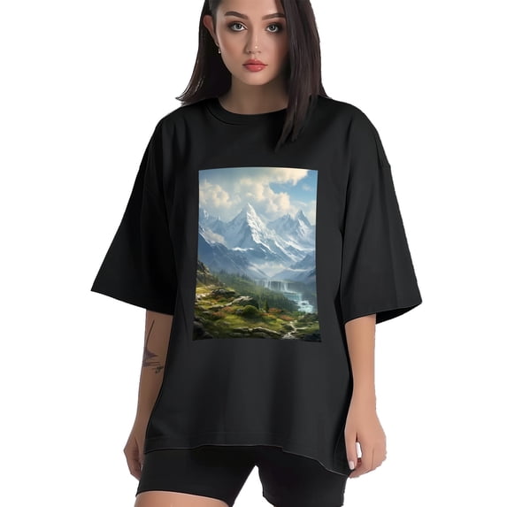 Plus Size Shirt for Women Black Tops for Women Oversized Short Sleeves Shirt for Women Mountainous (22) T Shirt Crewneck Shirt for Women 3XL