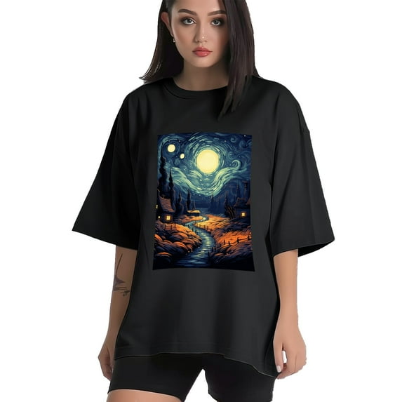 Plus Size Shirt for Women Black Tops for Women Oversized Short Sleeves Shirt for Women Night Sky T Shirt Crewneck Shirt for Women L