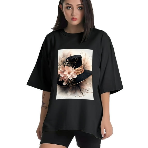 Plus Size Shirt for Women Black Tops for Women Oversized Short Sleeves Shirt for Women Opulent Romantic Hat1 T Shirt Crewneck Shirt for Women L