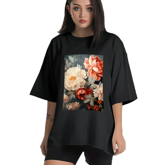 Plus Size Shirt for Women Black Tops for Women Oversized Short Sleeves Shirt for Women Peony Flower T Shirt Crewneck Shirt for Women L