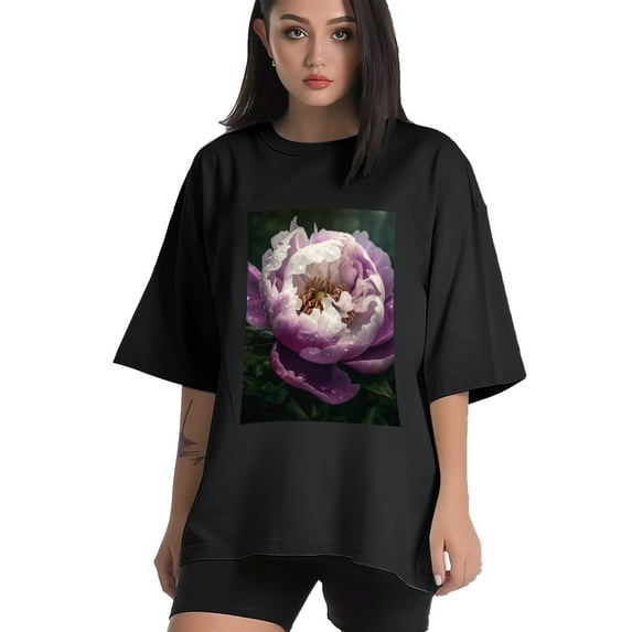 Plus Size Shirt for Women Black Tops for Women Oversized Short Sleeves Shirt for Women Peony Flower T Shirt Crewneck Shirt for Women L