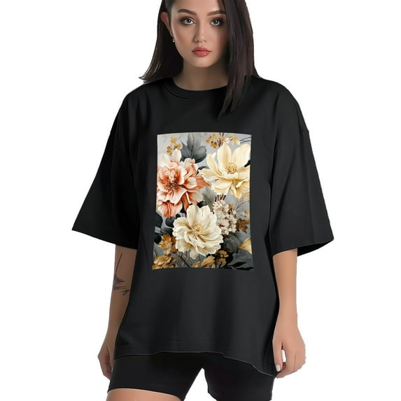 Plus Size Shirt for Women Black Tops for Women Oversized Short Sleeves Shirt for Women Peony1 T Shirt Crewneck Shirt for Women L