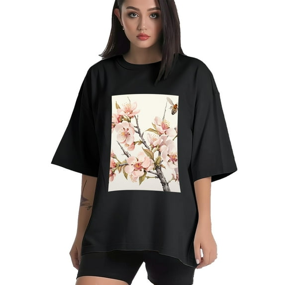 Plus Size Shirt for Women Black Tops for Women Oversized Short Sleeves Shirt for Women Pink Peach Blossom 4 T Shirt Crewneck Shirt for Women L