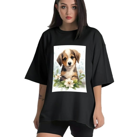 Plus Size Shirt for Women Black Tops for Women Oversized Short Sleeves Shirt for Women Puppy T Shirt Crewneck Shirt for Women L