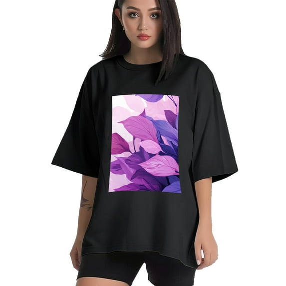 Plus Size Shirt for Women Black Tops for Women Oversized Short Sleeves Shirt for Women Purple Leaf T Shirt Crewneck Shirt for Women 3XL