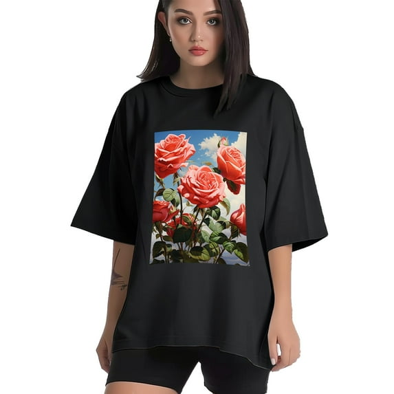 Plus Size Shirt for Women Black Tops for Women Oversized Short Sleeves Shirt for Women Rose And Sky1 T Shirt Crewneck Shirt for Women L