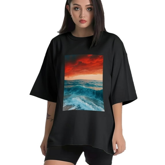 Plus Size Shirt for Women Black Tops for Women Oversized Short Sleeves Shirt for Women Sandy Shore 2 T Shirt Crewneck Shirt for Women L