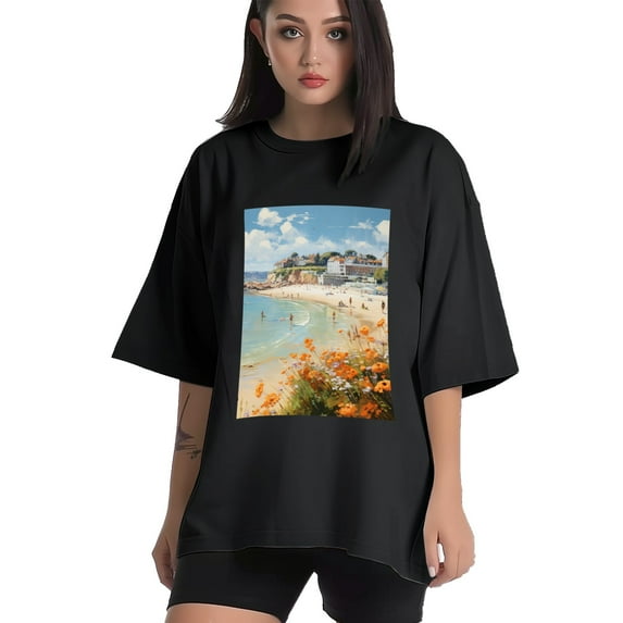 Plus Size Shirt for Women Black Tops for Women Oversized Short Sleeves Shirt for Women Seaside (14) T Shirt Crewneck Shirt for Women L