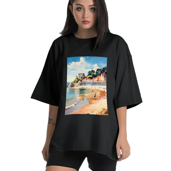 Plus Size Shirt for Women Black Tops for Women Oversized Short Sleeves Shirt for Women Seaside (15) T Shirt Crewneck Shirt for Women L