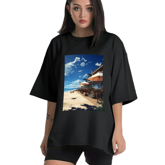 Plus Size Shirt for Women Black Tops for Women Oversized Short Sleeves Shirt for Women Seaside (56) T Shirt Crewneck Shirt for Women 3XL