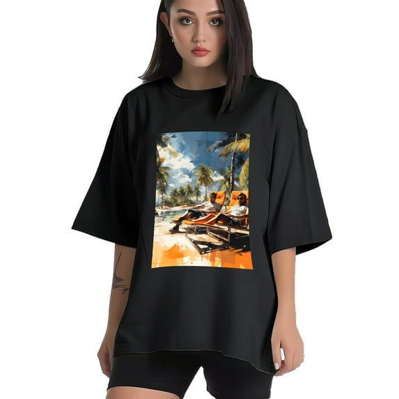 Plus Size Shirt for Women Black Tops for Women Oversized Short Sleeves Shirt for Women Seaside (58) T Shirt Crewneck Shirt for Women 3XL