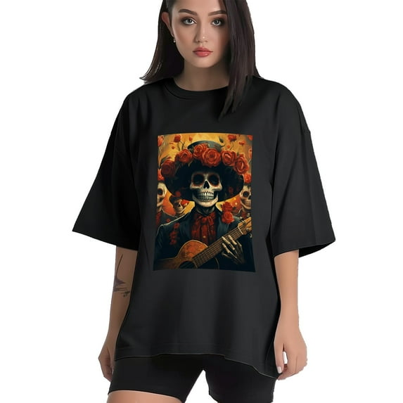 Plus Size Shirt for Women Black Tops for Women Oversized Short Sleeves Shirt for Women Skull (23) T Shirt Crewneck Shirt for Women L