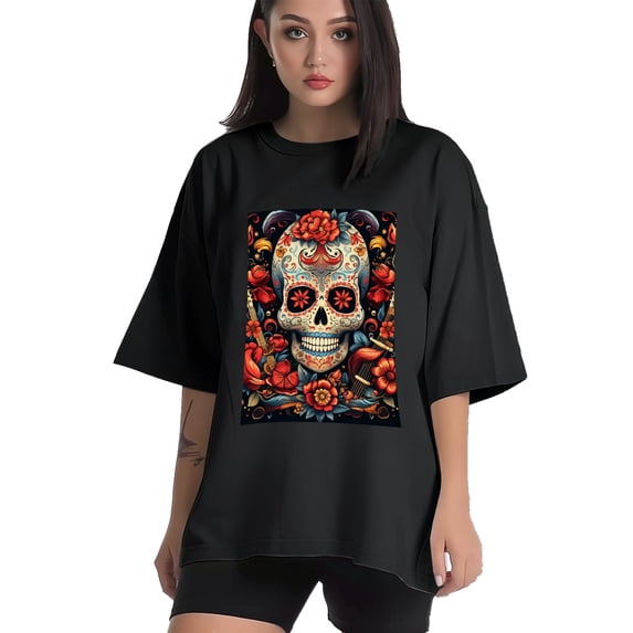 Plus Size Shirt for Women Black Tops for Women Oversized Short Sleeves Shirt for Women Skull (3) T Shirt Crewneck Shirt for Women 3XL