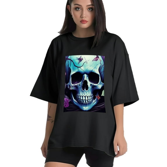 Plus Size Shirt for Women Black Tops for Women Oversized Short Sleeves Shirt for Women Skull 7 T Shirt Crewneck Shirt for Women 3XL