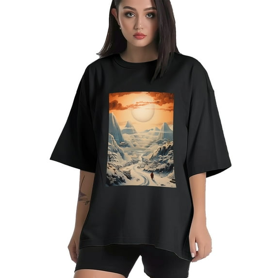 Plus Size Shirt for Women Black Tops for Women Oversized Short Sleeves Shirt for Women Snowy Mountain T Shirt Crewneck Shirt for Women L