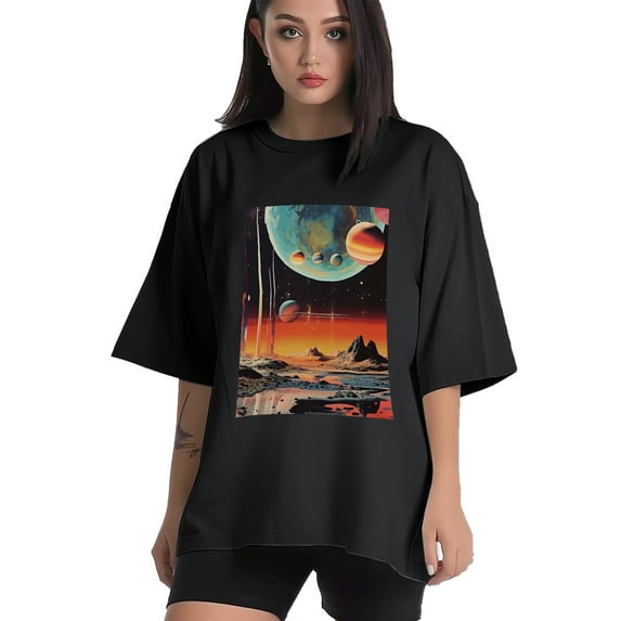 Plus Size Shirt for Women Black Tops for Women Oversized Short Sleeves Shirt for Women Space T Shirt Crewneck Shirt for Women 3XL