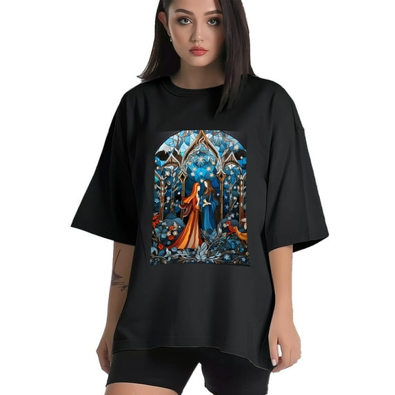 Plus Size Shirt for Women Black Tops for Women Oversized Short Sleeves Shirt for Women Stained Glass T Shirt Crewneck Shirt for Women 3XL