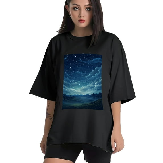 Plus Size Shirt for Women Black Tops for Women Oversized Short Sleeves Shirt for Women Starry Sky T Shirt Crewneck Shirt for Women XL