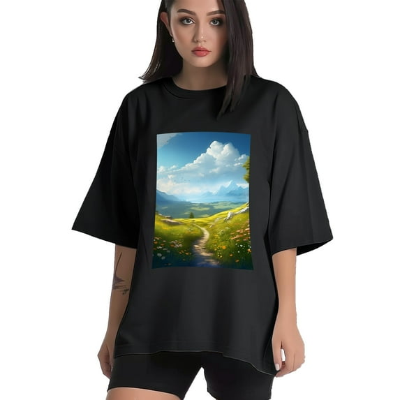 Plus Size Shirt for Women Black Tops for Women Oversized Short Sleeves Shirt for Women Summer Landscape T Shirt Crewneck Shirt for Women 3XL