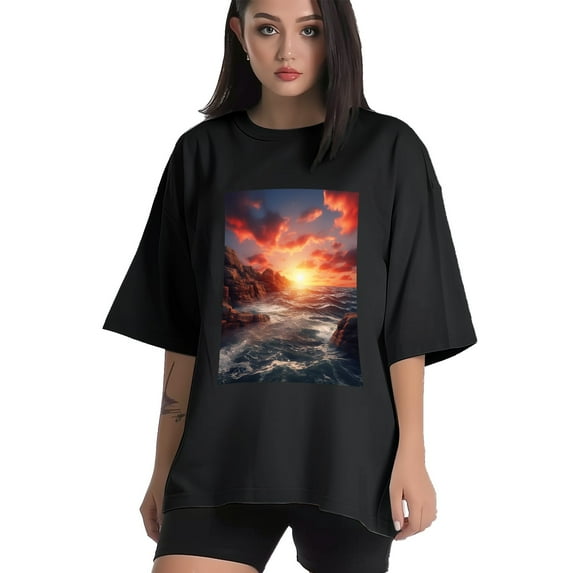 Plus Size Shirt for Women Black Tops for Women Oversized Short Sleeves Shirt for Women Sunset 1 T Shirt Crewneck Shirt for Women 3XL