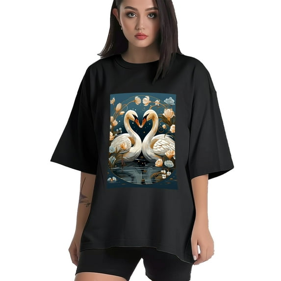 Plus Size Shirt for Women Black Tops for Women Oversized Short Sleeves Shirt for Women Swans T Shirt Crewneck Shirt for Women L