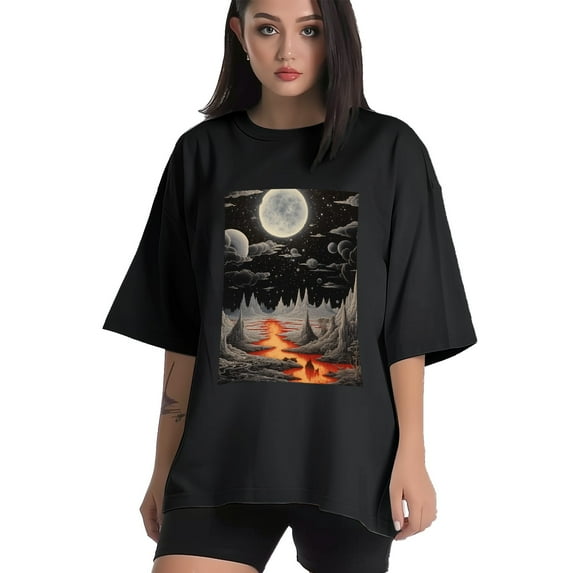 Plus Size Shirt for Women Black Tops for Women Oversized Short Sleeves Shirt for Women The Valley At Night 2 T Shirt Crewneck Shirt for Women 3XL