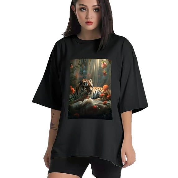 Plus Size Shirt for Women Black Tops for Women Oversized Short Sleeves Shirt for Women Tiger 6 T Shirt Crewneck Shirt for Women L