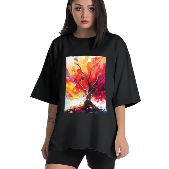 Plus Size Shirt for Women Black Tops for Women Oversized Short Sleeves Shirt for Women Tree 4 T Shirt Crewneck Shirt for Women L