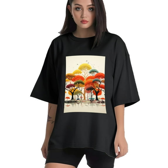 Plus Size Shirt for Women Black Tops for Women Oversized Short Sleeves Shirt for Women Trees 9 T Shirt Crewneck Shirt for Women L