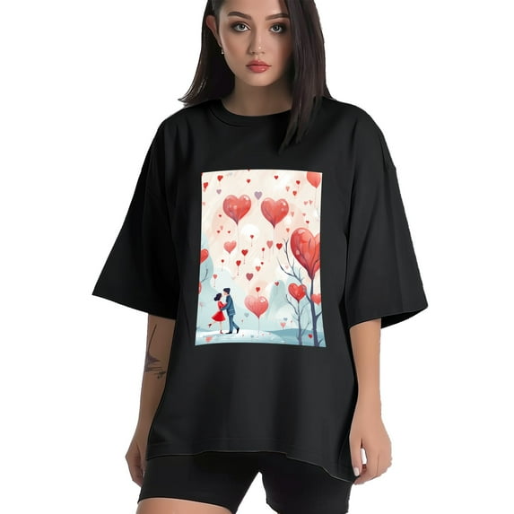 Plus Size Shirt for Women Black Tops for Women Oversized Short Sleeves Shirt for Women Valentine's Day T Shirt Crewneck Shirt for Women L