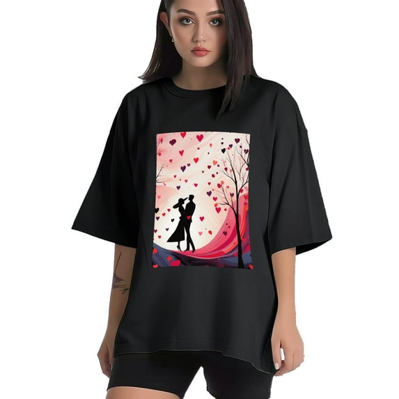Plus Size Shirt for Women Black Tops for Women Oversized Short Sleeves Shirt for Women Valentine's Day T Shirt Crewneck Shirt for Women XL