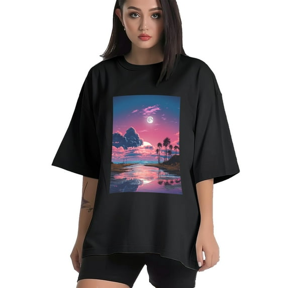 Plus Size Shirt for Women Black Tops for Women Oversized Short Sleeves Shirt for Women Vintage Landscape T Shirt Crewneck Shirt for Women XL