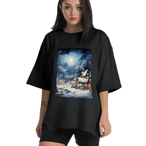 Plus Size Shirt for Women Black Tops for Women Oversized Short Sleeves Shirt for Women Vintage Village At Night2 T Shirt Crewneck Shirt for Women 3XL
