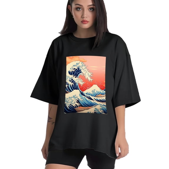 Plus Size Shirt for Women Black Tops for Women Oversized Short Sleeves Shirt for Women Wave 2 T Shirt Crewneck Shirt for Women L
