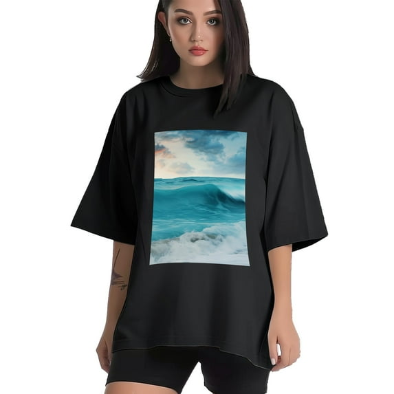 Plus Size Shirt for Women Black Tops for Women Oversized Short Sleeves Shirt for Women Wave T Shirt Crewneck Shirt for Women L