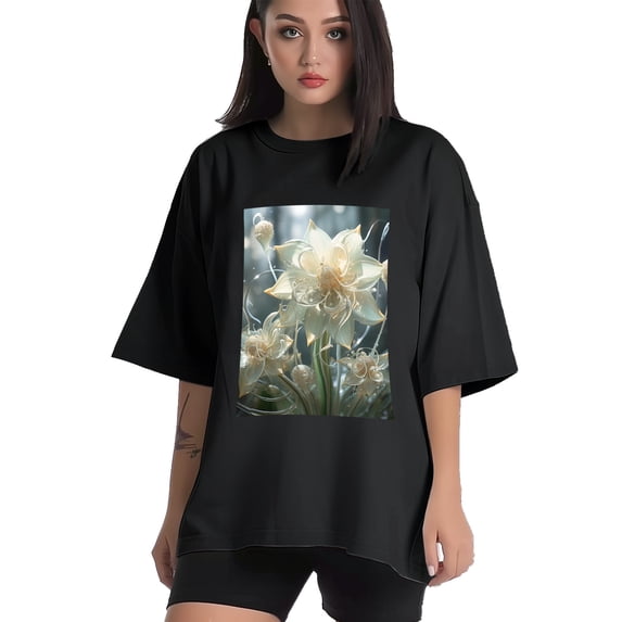 Plus Size Shirt for Women Black Tops for Women Oversized Short Sleeves Shirt for Women White Color Margarite3 T Shirt Crewneck Shirt for Women 3XL