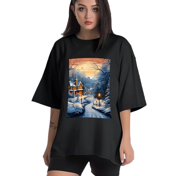 Plus Size Shirt for Women Black Tops for Women Oversized Short Sleeves Shirt for Women Winter Scene 2 T Shirt Crewneck Shirt for Women 3XL