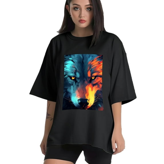 Plus Size Shirt for Women Black Tops for Women Oversized Short Sleeves Shirt for Women Wolf 3 T Shirt Crewneck Shirt for Women L