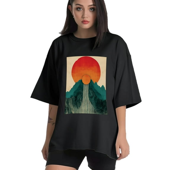 Plus Size Shirt for Women Black Tops for Women Short Sleeves Shirt for Women Abstract Sun T Shirt Crewneck Shirt for Women XL
