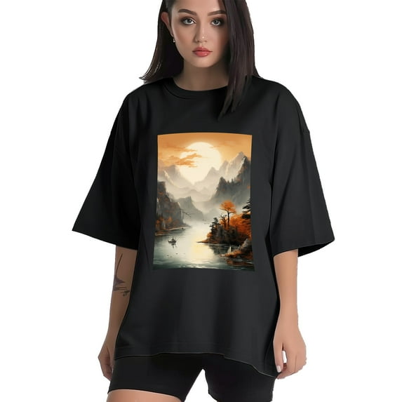 Plus Size Shirt for Women Black Tops for Women Short Sleeves Shirt for Women Autumn Landscape T Shirt Crewneck Shirt for Women 5XL