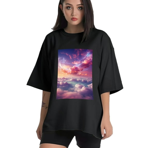 Plus Size Shirt for Women Black Tops for Women Short Sleeves Shirt for Women Beautiful Heavenly Sky T Shirt Crewneck Shirt for Women XL