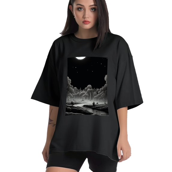 Plus Size Shirt for Women Black Tops for Women Short Sleeves Shirt for Women Black Landscap T Shirt Crewneck Shirt for Women XL