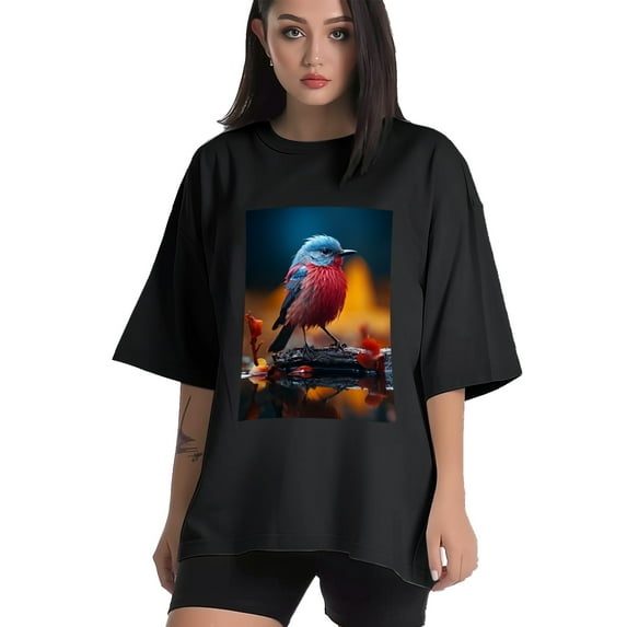 Plus Size Shirt for Women Black Tops for Women Short Sleeves Shirt for Women Blue Bird T Shirt Crewneck Shirt for Women 5XL