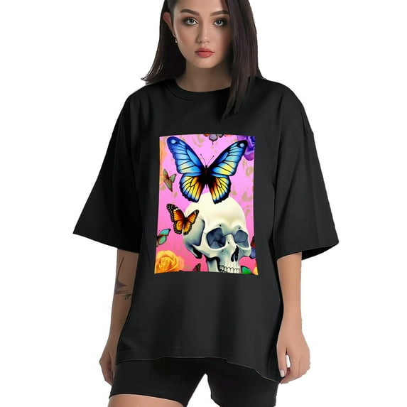 Plus Size Shirt for Women Black Tops for Women Short Sleeves Shirt for Women Butterfly And Skeleton1 T Shirt Crewneck Shirt for Women XL