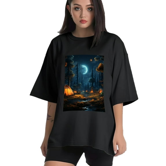 Plus Size Shirt for Women Black Tops for Women Short Sleeves Shirt for Women Camping Scene In A Forest T Shirt Crewneck Shirt for Women 2XL