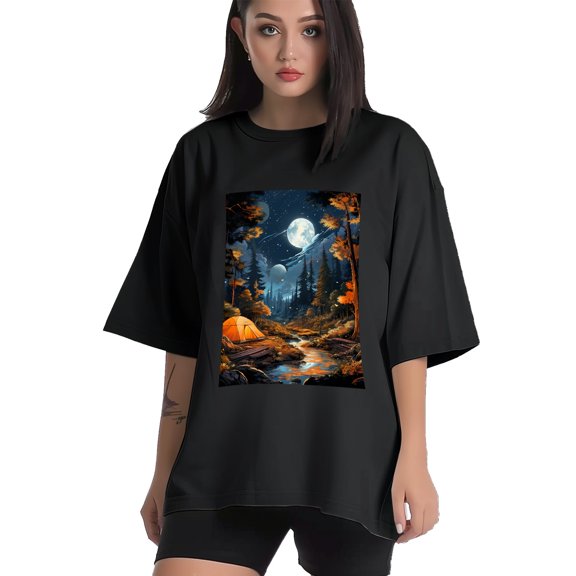 Plus Size Shirt for Women Black Tops for Women Short Sleeves Shirt for Women Camping Scene In A Forest1 T Shirt Crewneck Shirt for Women XS