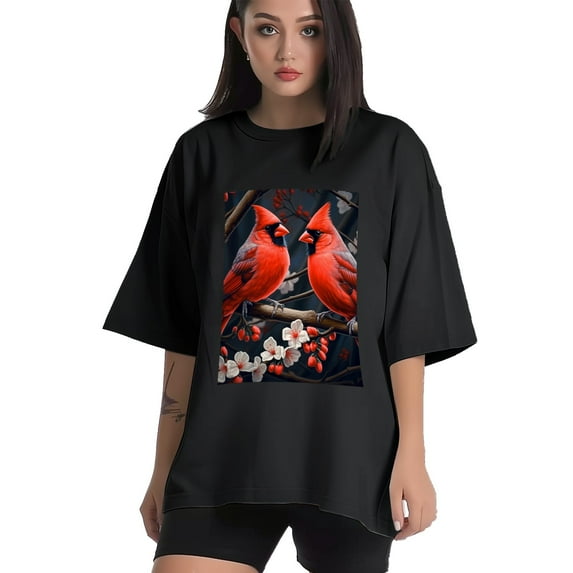 Plus Size Shirt for Women Black Tops for Women Short Sleeves Shirt for Women Cardinal Red Birds T Shirt Crewneck Shirt for Women 2XL