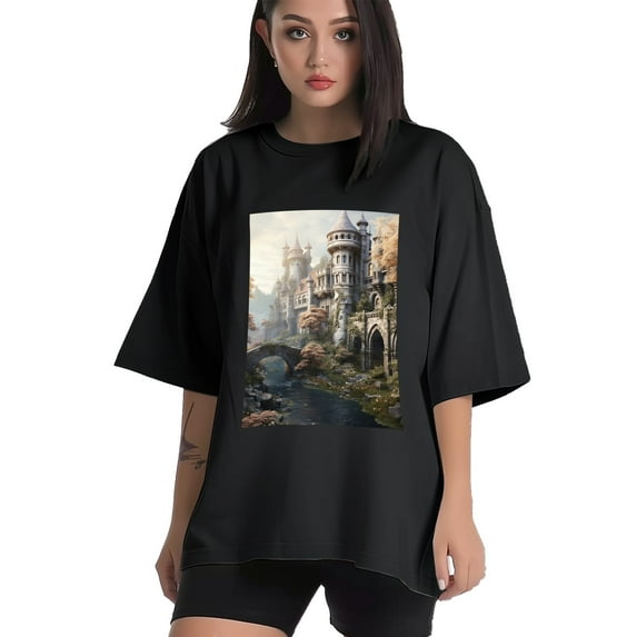 Plus Size Shirt for Women Black Tops for Women Short Sleeves Shirt for Women Castle (28) T Shirt Crewneck Shirt for Women XL