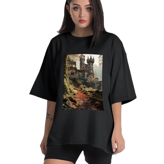Plus Size Shirt for Women Black Tops for Women Short Sleeves Shirt for Women Castle (48） T Shirt Crewneck Shirt for Women XL