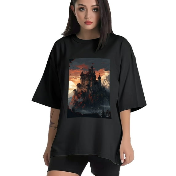 Plus Size Shirt for Women Black Tops for Women Short Sleeves Shirt for Women Castle (73) T Shirt Crewneck Shirt for Women 5XL